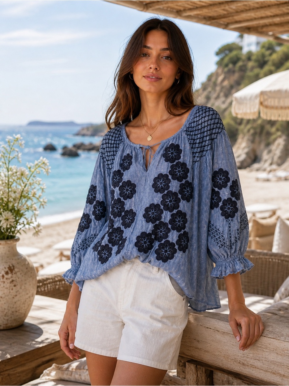Innika Choo Linen Embroidered Floral Blouse Size One Blue Boho Peasant Top